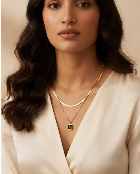 Gold Plated anti-tarnish Double Chain Green Stone Pendant