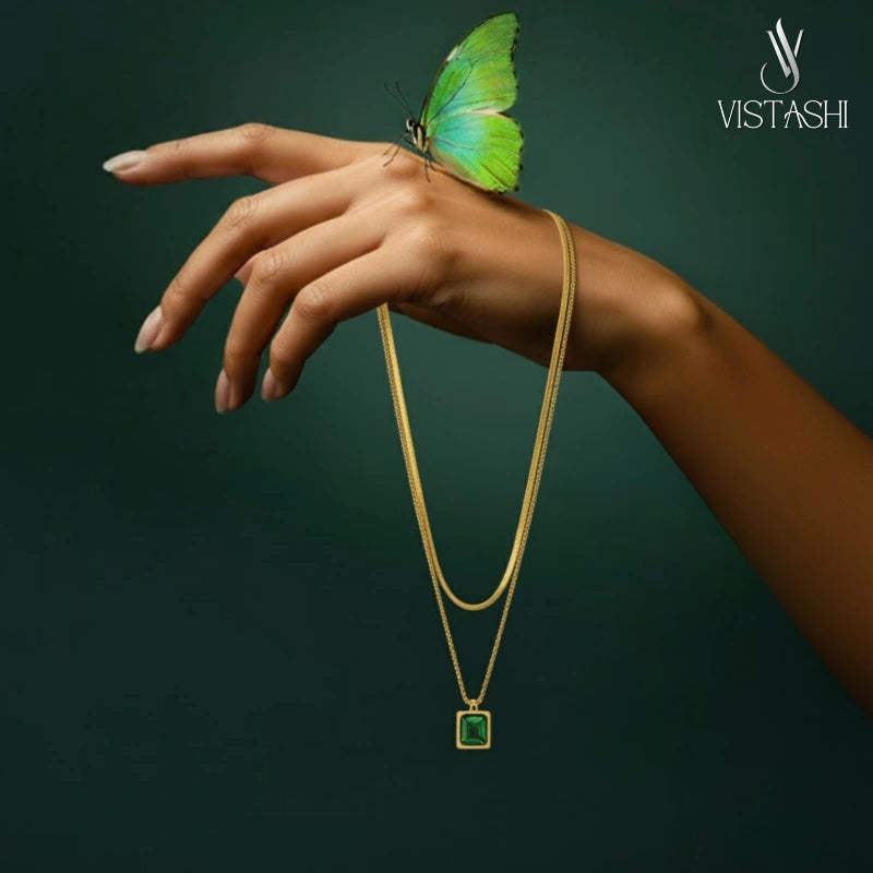 Double Chain Green Stone Pendant