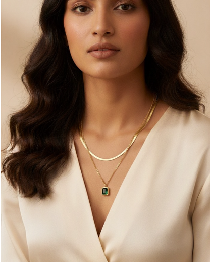 Gold Plated anti-tarnish Double Chain Green Stone Pendant